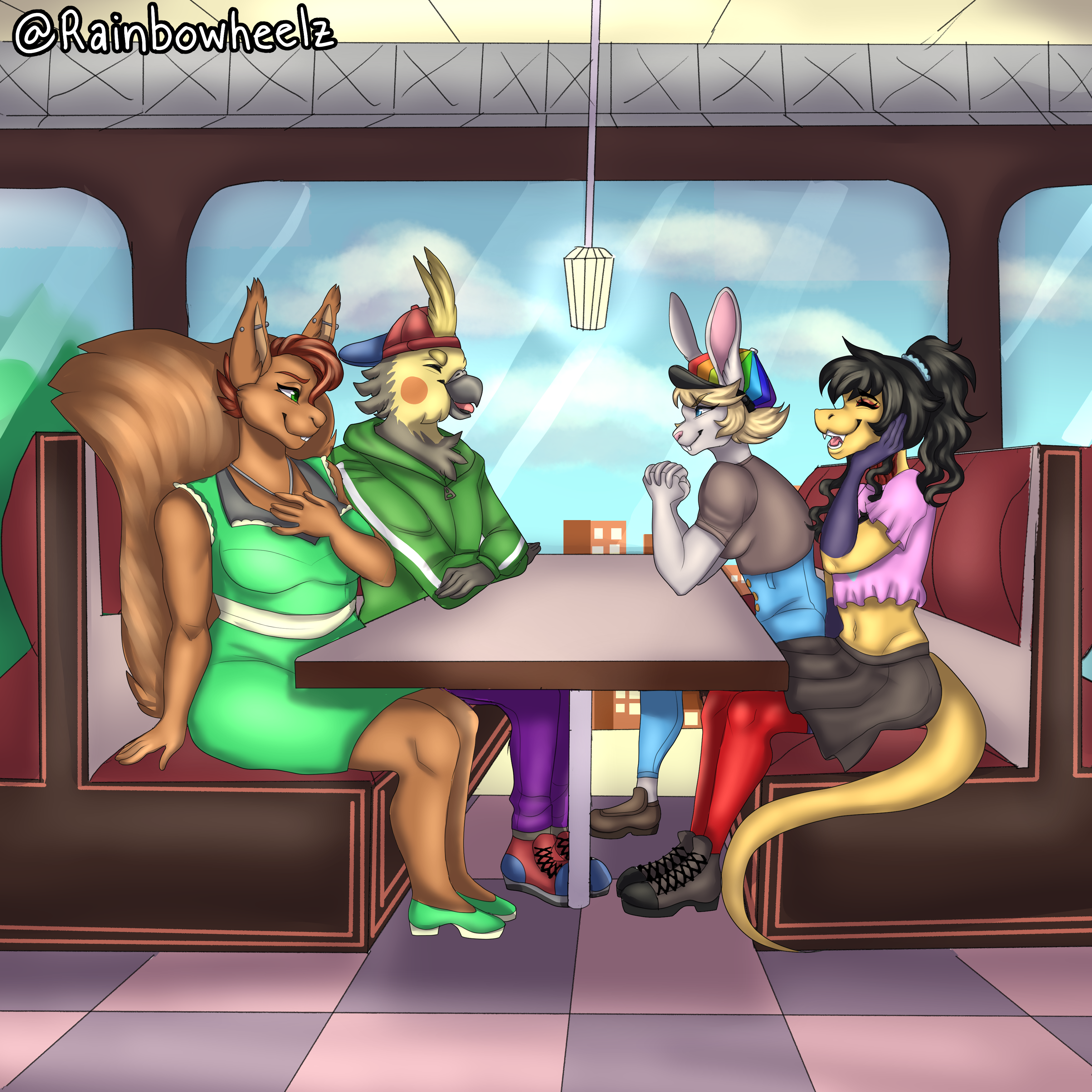 Four friends sitting in a cafe. From left to right, Lorraine the red squirrel, Julio the cockatiel, Princess the white rabbit, and Maddy the oriental garden lizard.